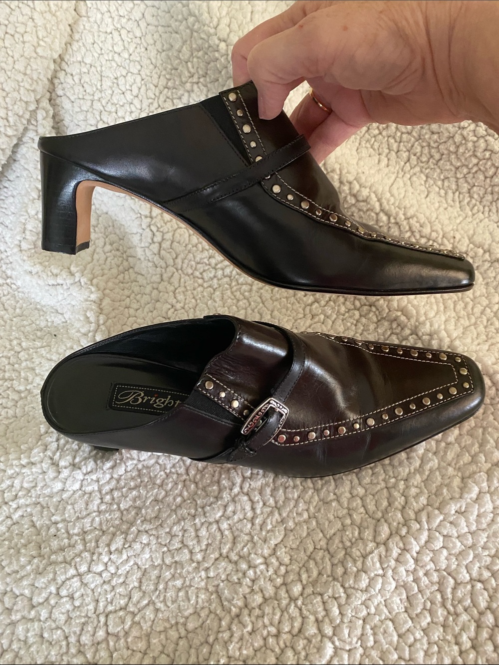 Brighton Black Leather Slip-On Heeled Loafers with Silver Studs